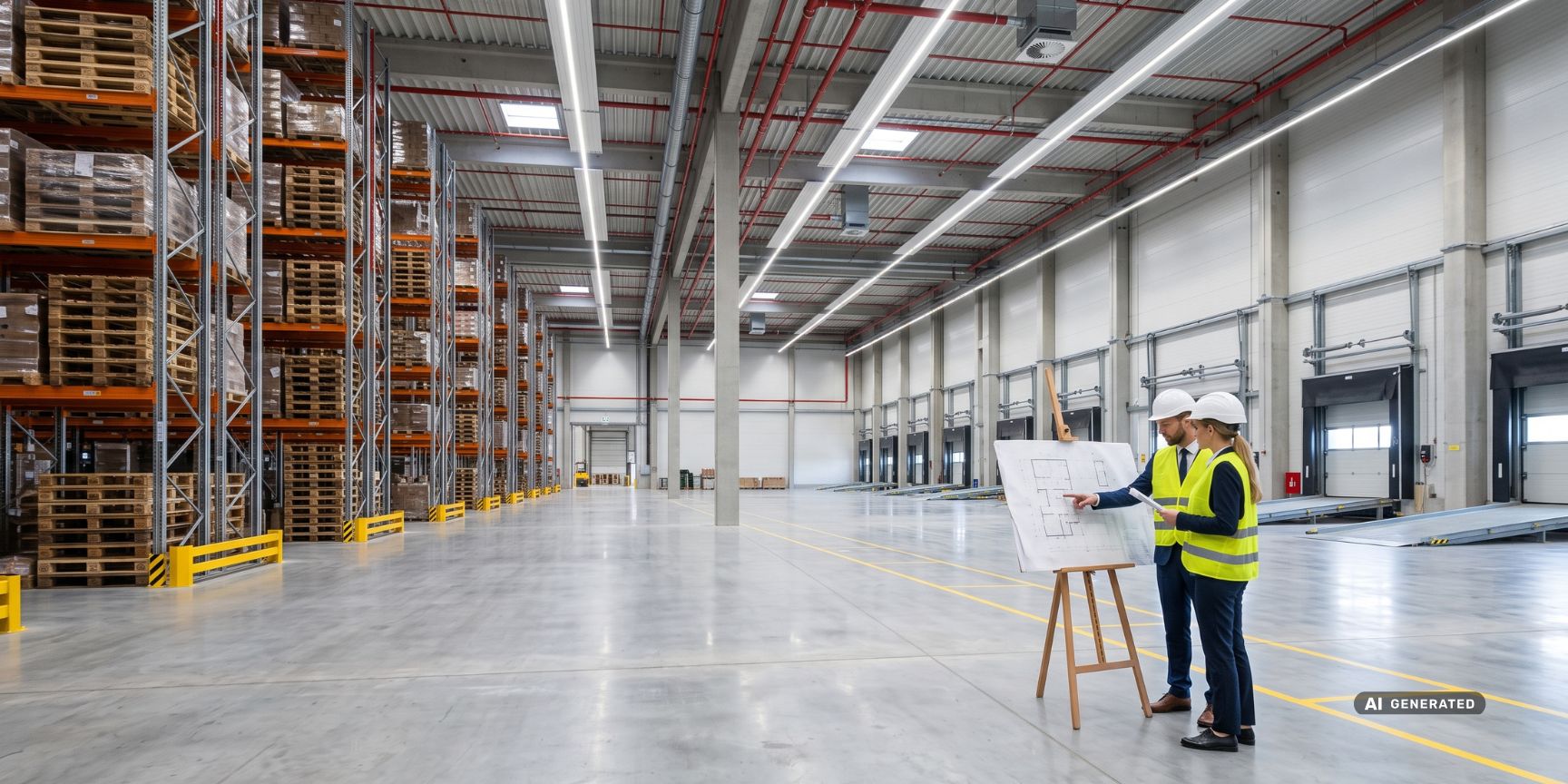 Fachleute prüfen Hallenboden und Sprinkleranlage einer Logistikimmobilie in Deutschland. Visualisiert technische Abnahme und Mietvertrags-Klauseln.